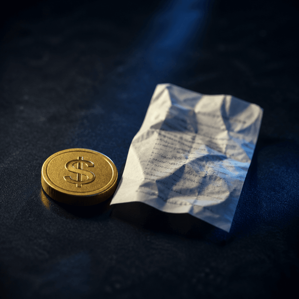 Gold coin beside a paper receipt on a dark table