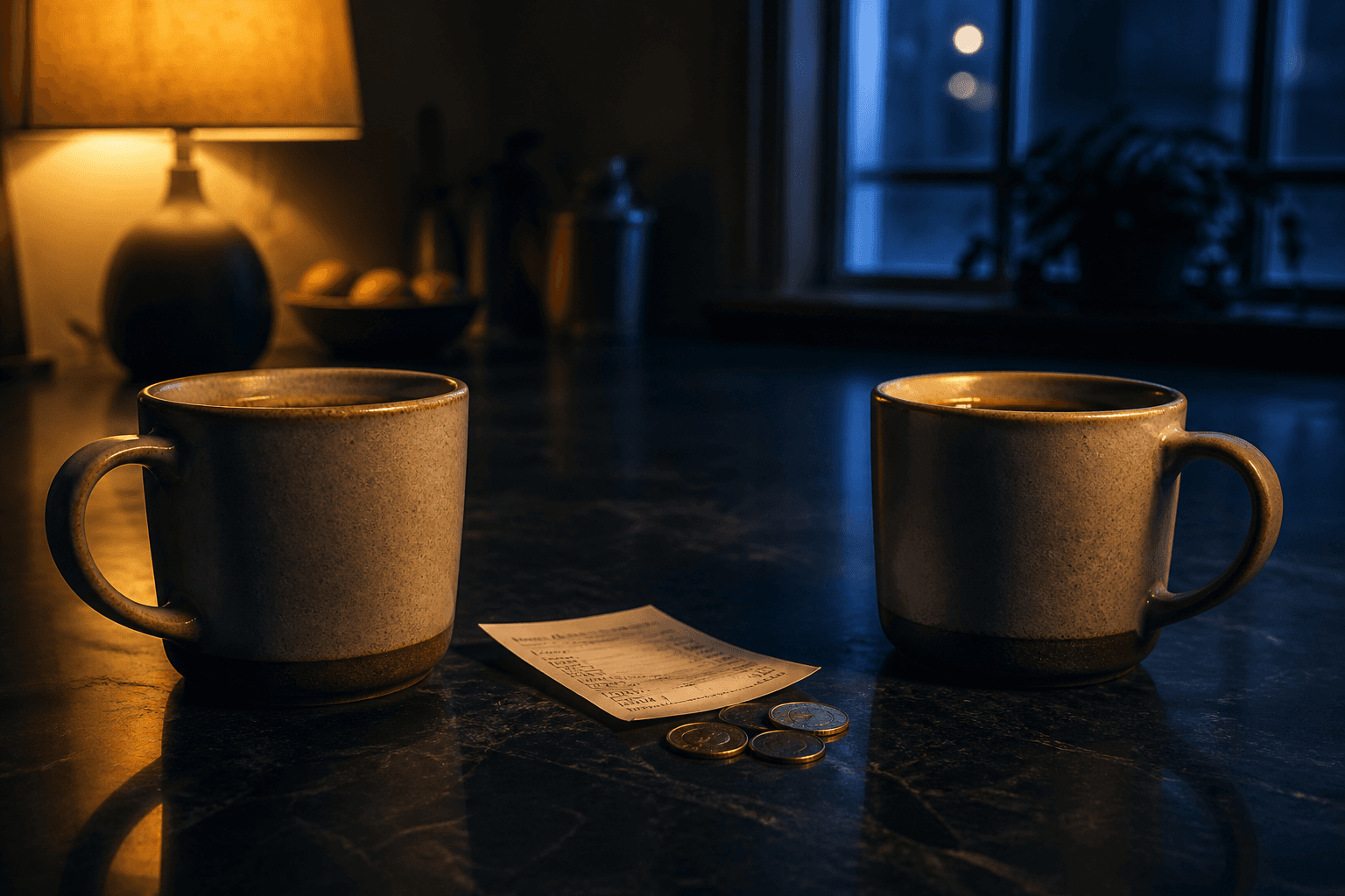 Two coffee mugs on a kitchen table with coins and a receipt